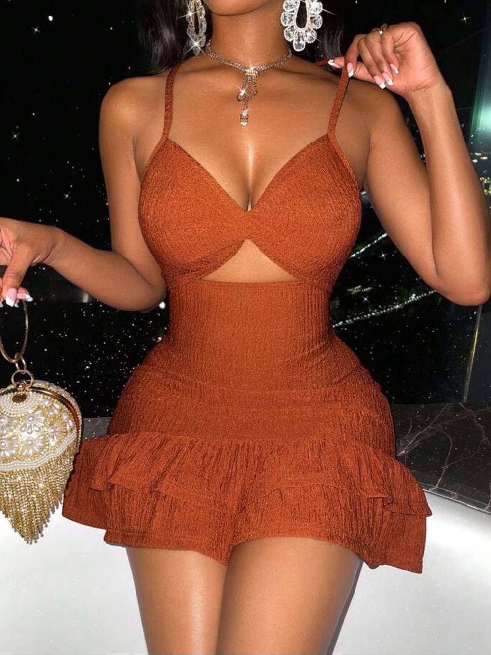 Women's Rust Ruffle Mini Dress with Cutout